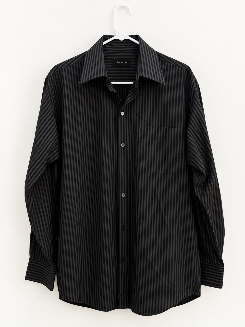 Claiborne Black Charcoal Striped Cotton Button-Up Shirt | Men’s Medium